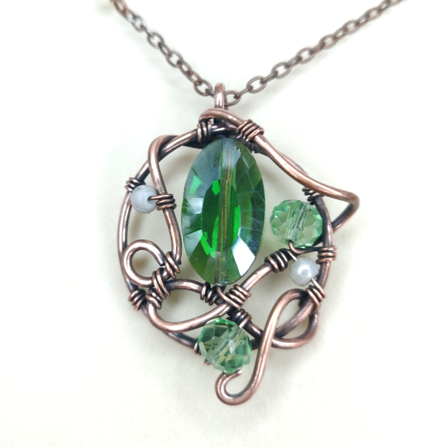 Antique Copper Pendant with Emerald Green Crystal & Malachite Beaded Necklace