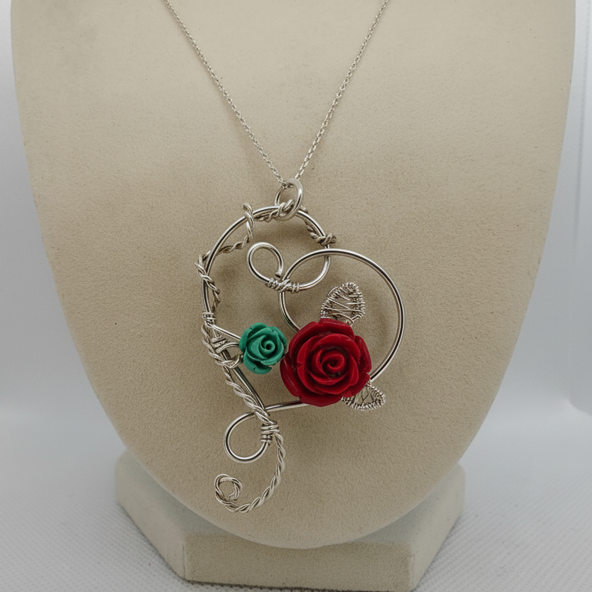 Sterling Silver Heart Pendant with Flower Bouquet