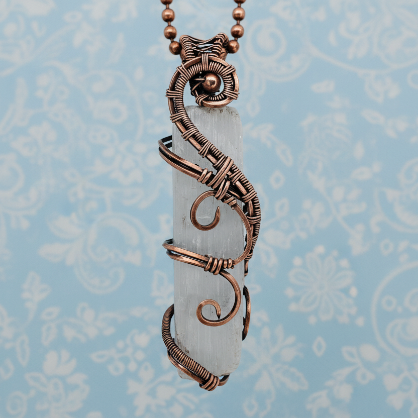White Selenite Crystal Point & Antique Copper Pendant Necklace