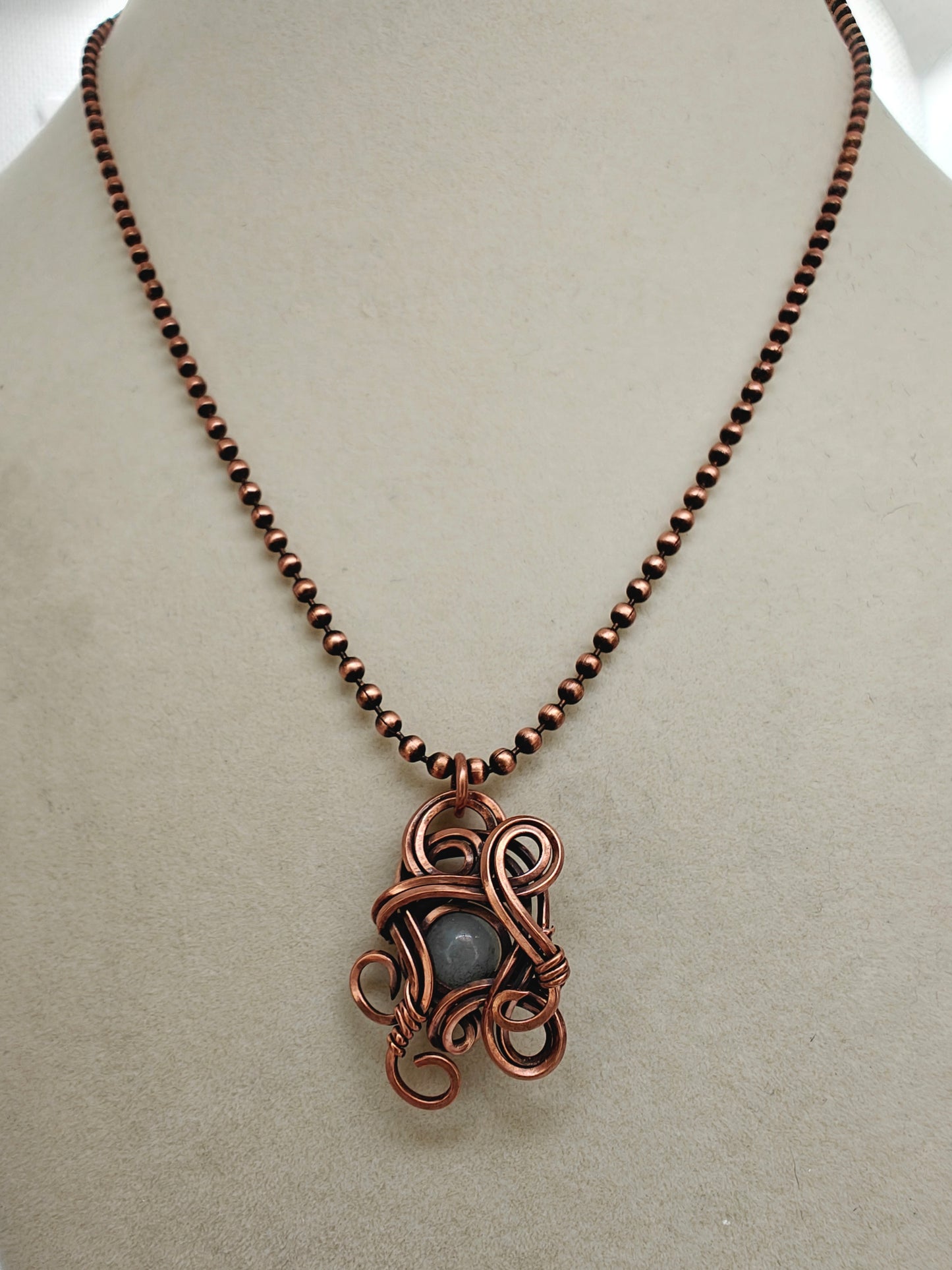 Aquamarine & Antique Copper Swirly Pendant Necklace