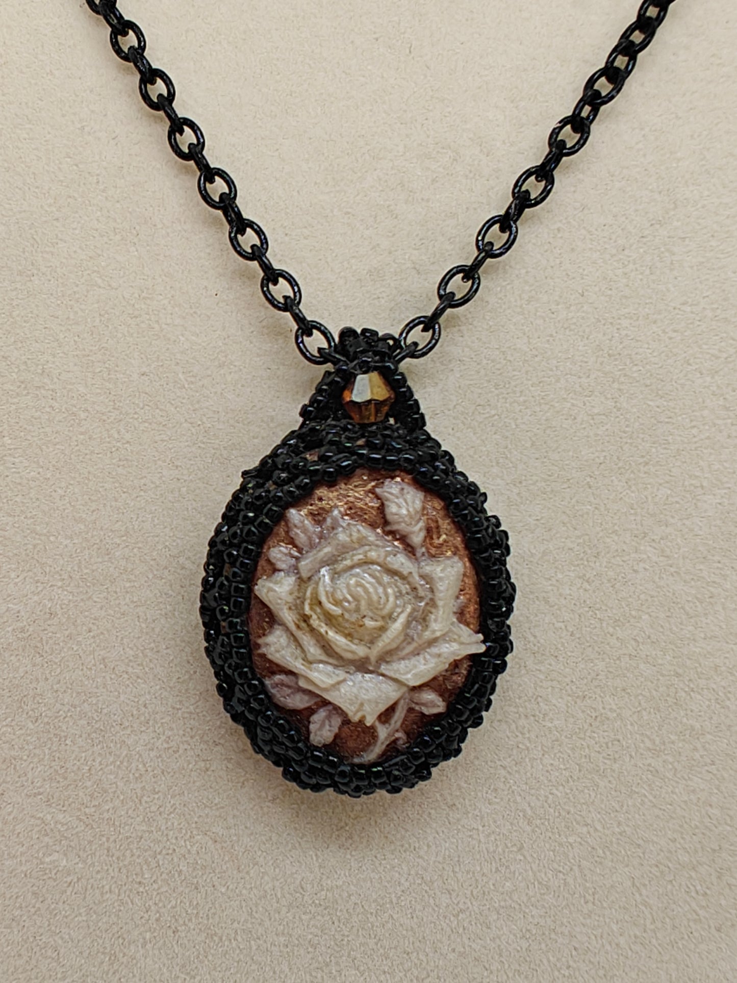 Black Beaded Rose Flower Cameo Necklace