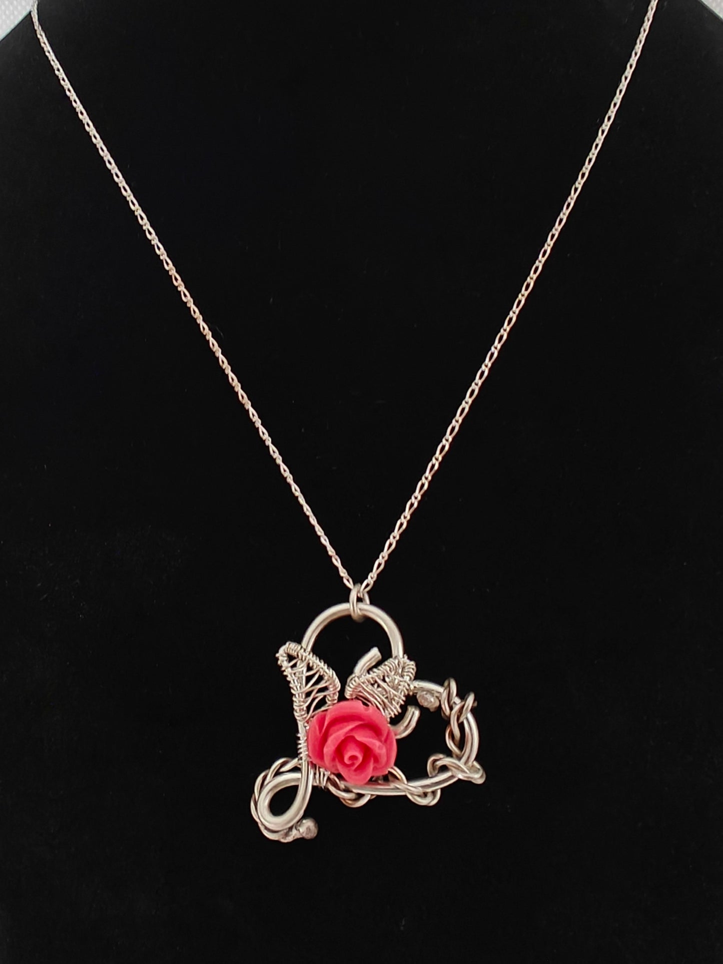 Sterling Silver Pink Rose Flower Heart Necklace