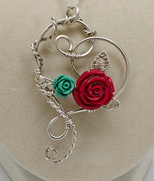 Sterling Silver Heart Pendant with Flower Bouquet