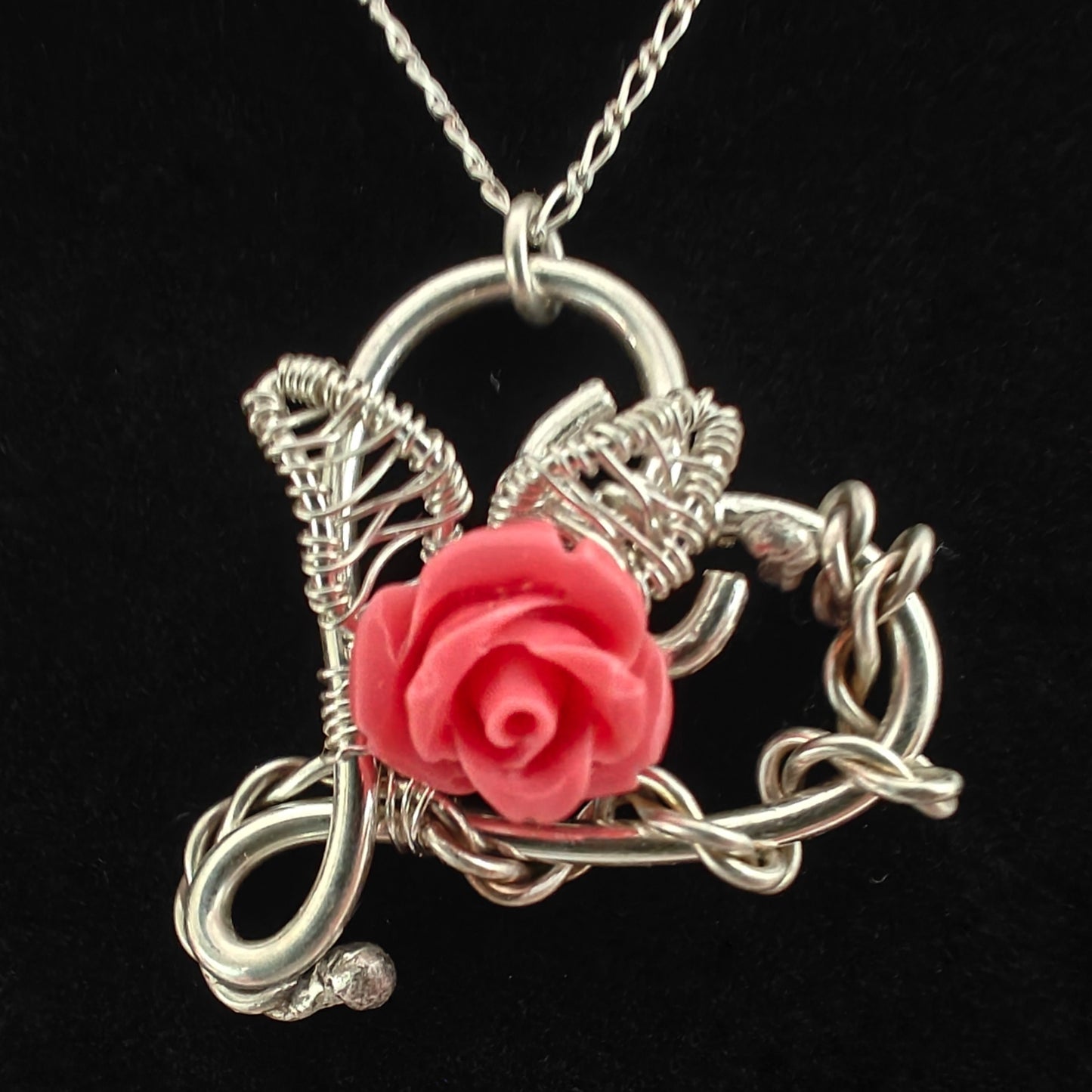 Sterling Silver Pink Rose Flower Heart Necklace