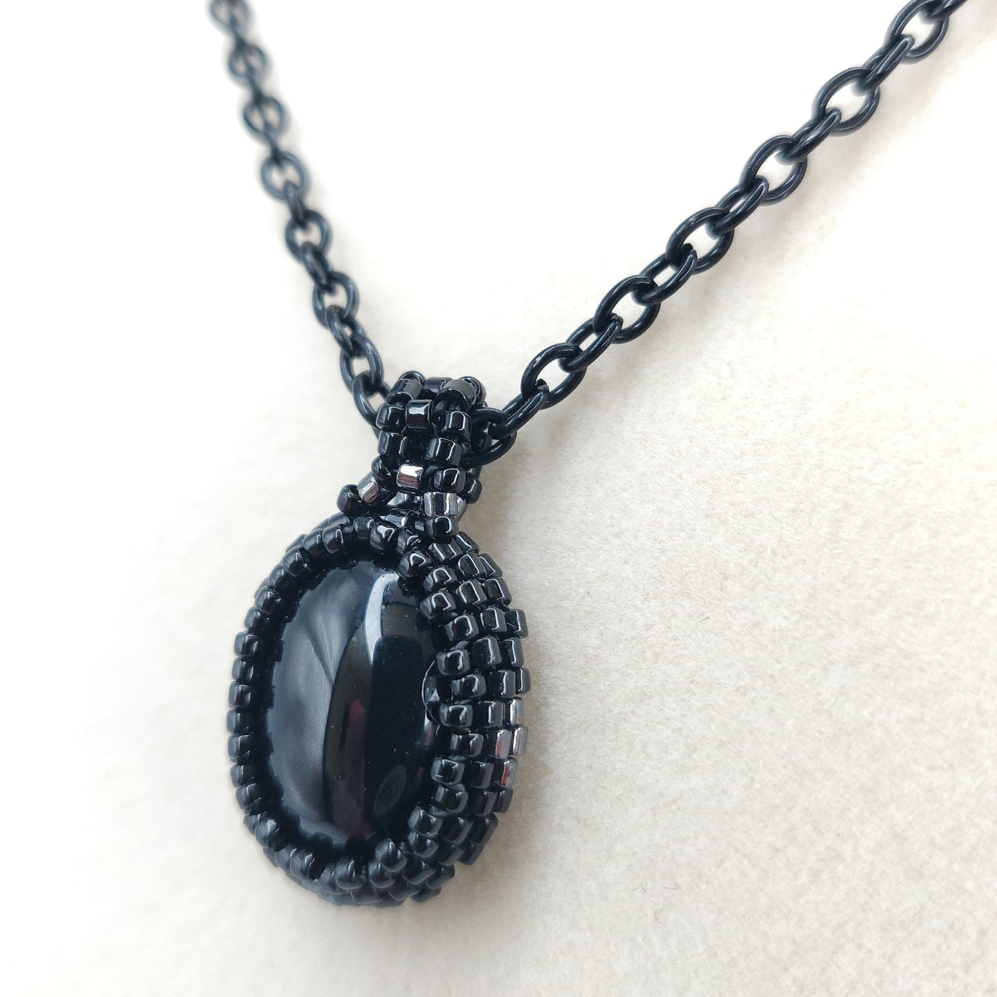 Handmade Black & Gunmetal Beaded Black Onyx Pendant Necklace