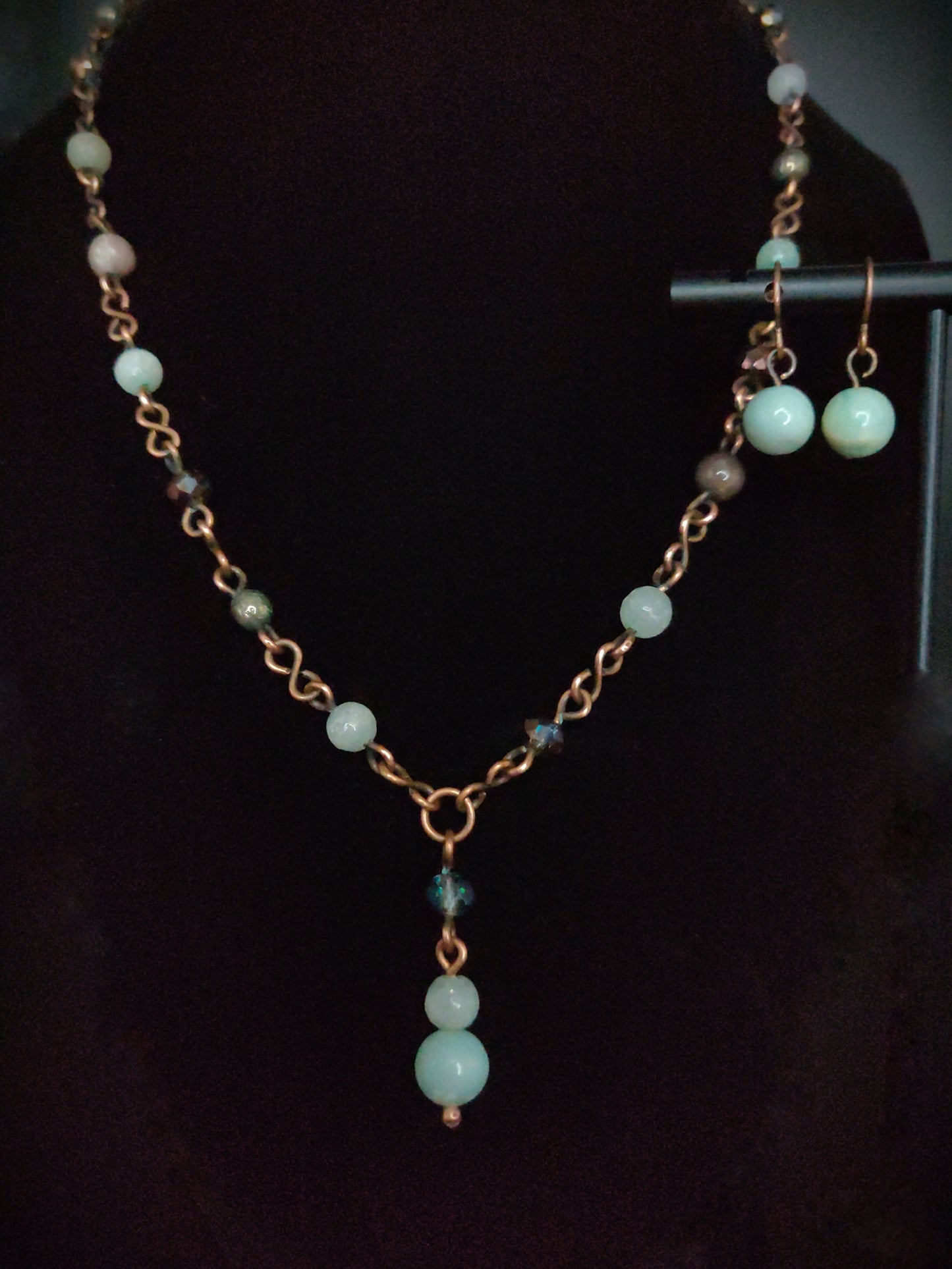 Handmade Amazonite & Pyrite Antique Copper Beaded Rosary-Style Necklace & Earring Set