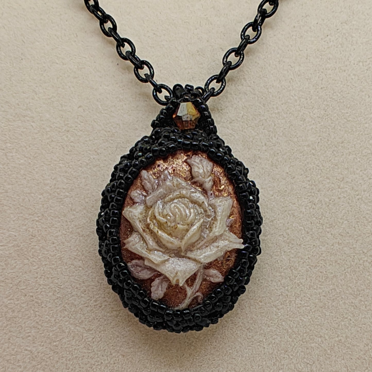 Black Beaded Rose Flower Cameo Necklace