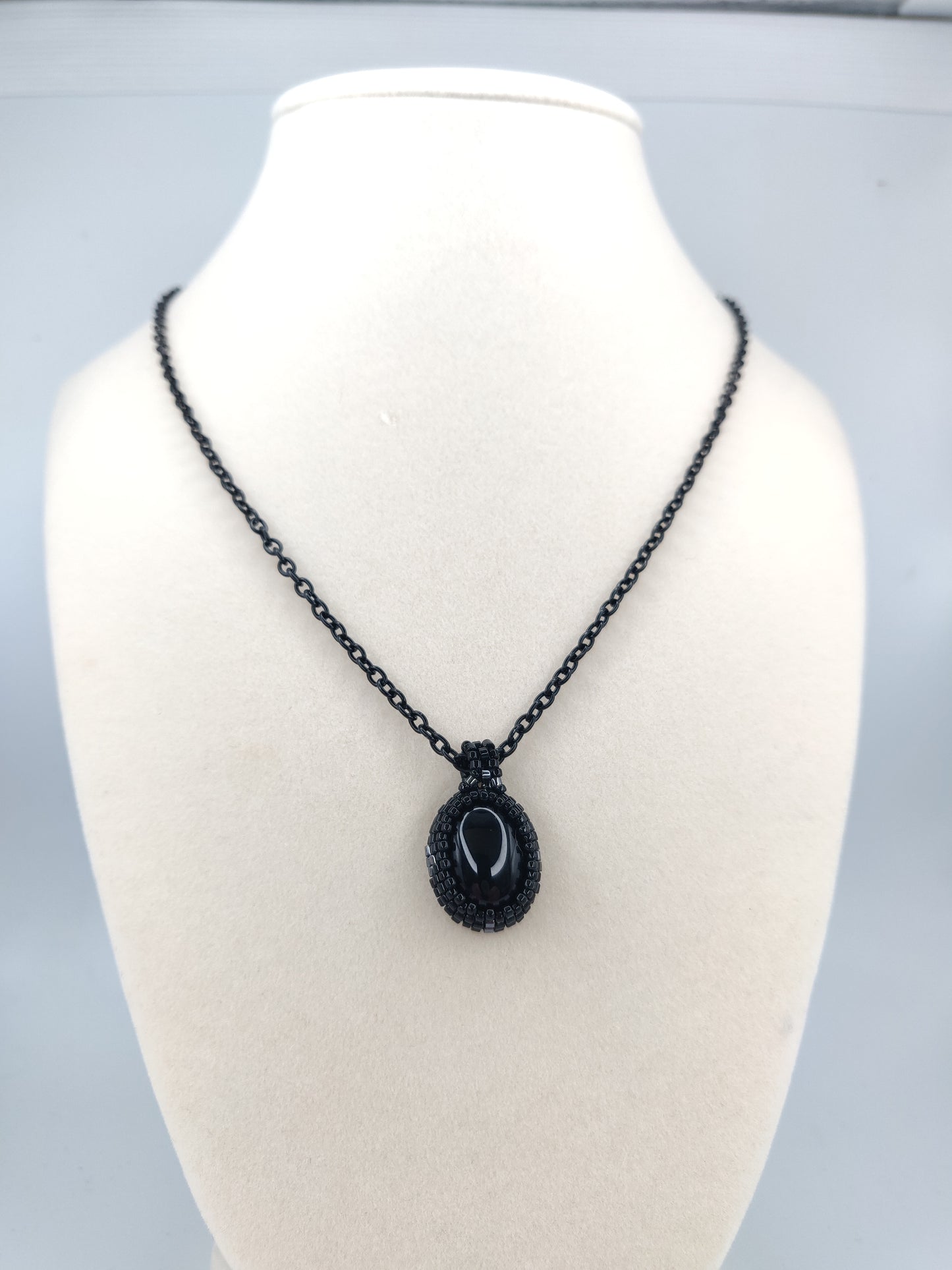Handmade Black & Gunmetal Beaded Black Onyx Pendant Necklace