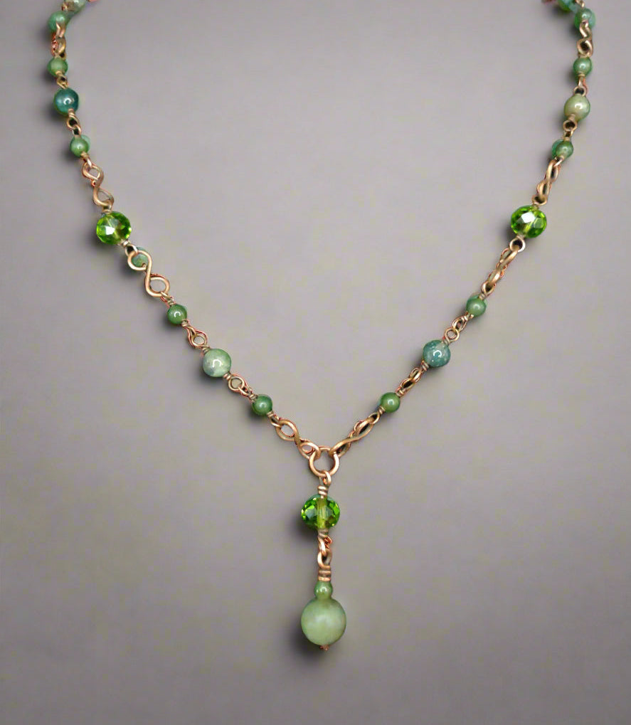 Handmade Jade & Antique Copper Rosary-Style Jewelry Set