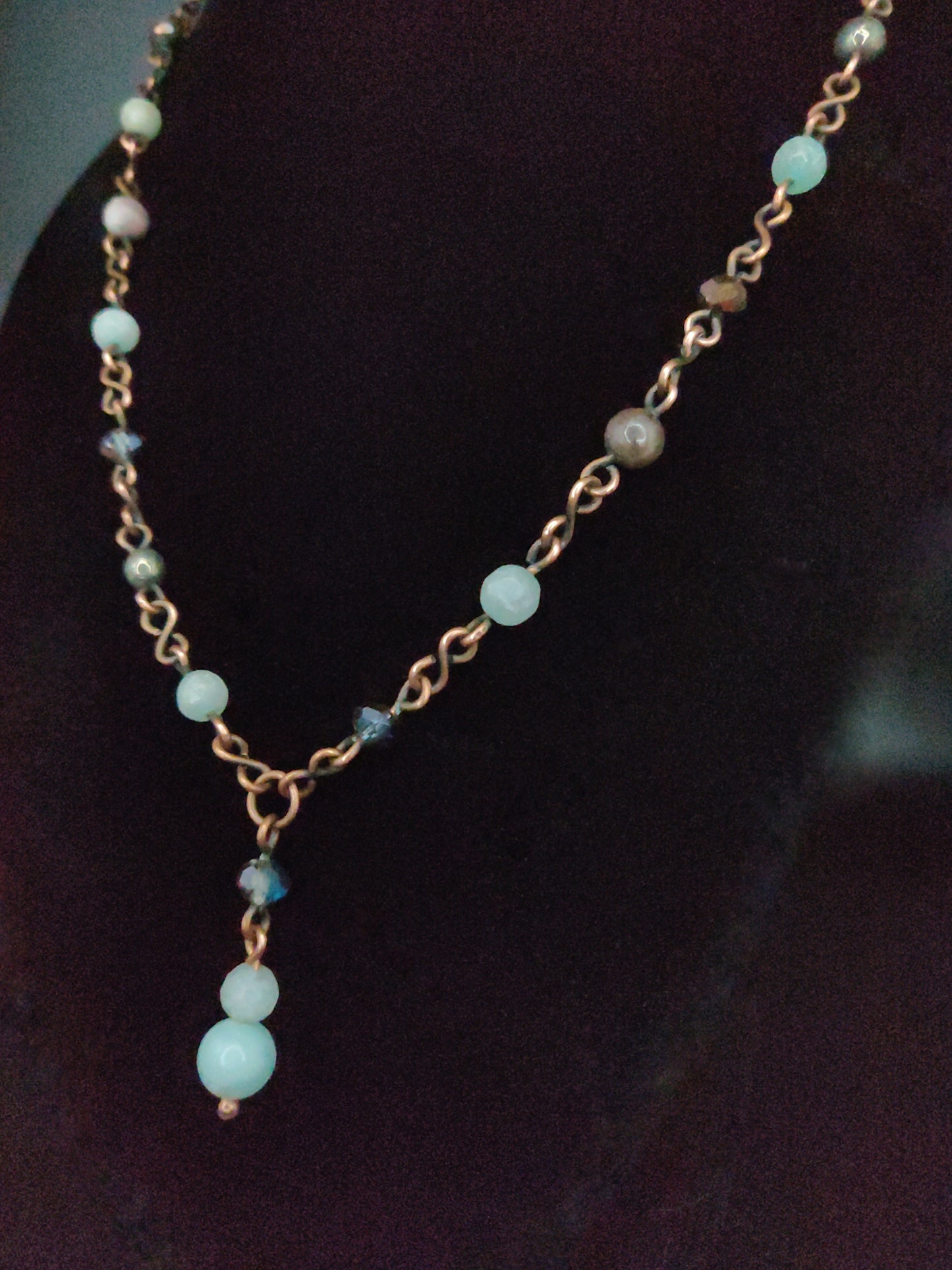 Handmade Amazonite & Pyrite Antique Copper Beaded Rosary-Style Necklace & Earring Set