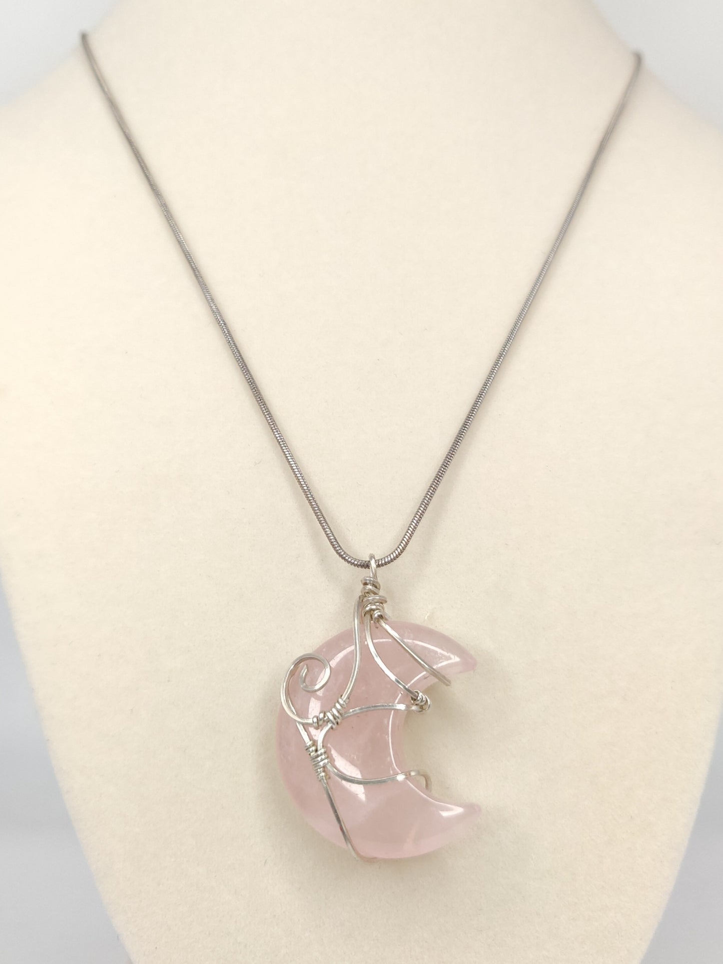 Rose Quartz Crystal Moon & Sterling Silver Pendant