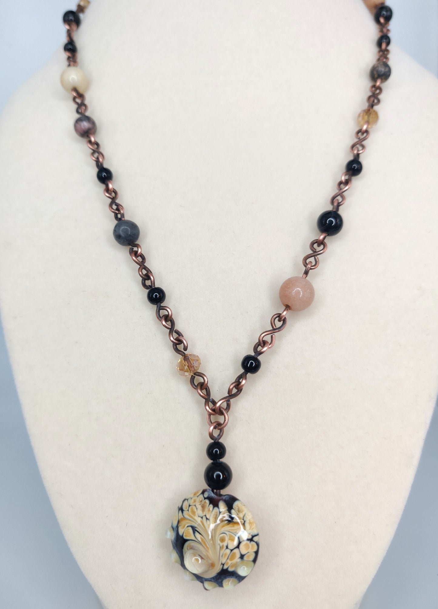 Black Tourmaline, Amazonite & Agate Handmade Copper Beaded Necklace & Earring Set