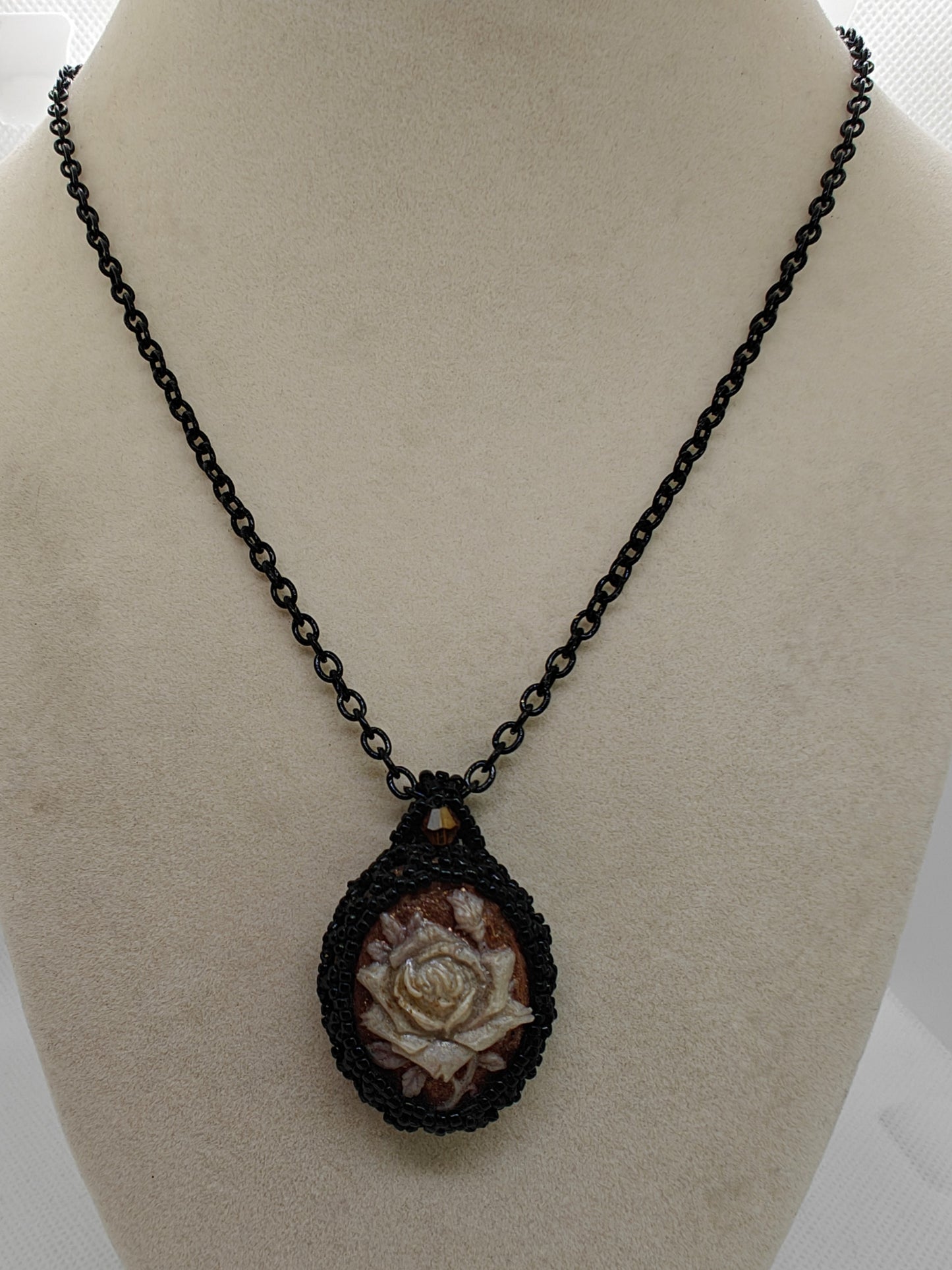 Black Beaded Rose Flower Cameo Necklace