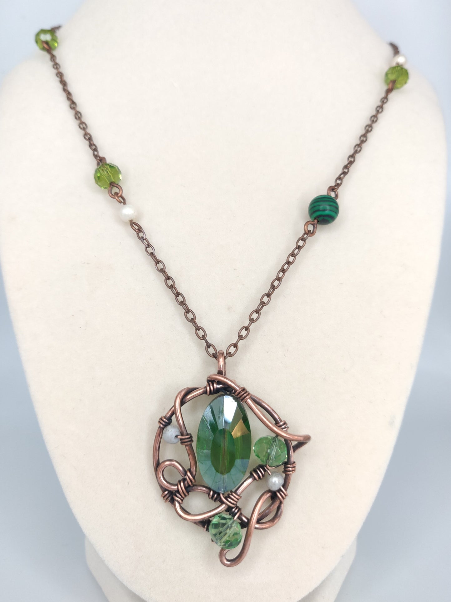Antique Copper Pendant with Emerald Green Crystal & Malachite Beaded Necklace