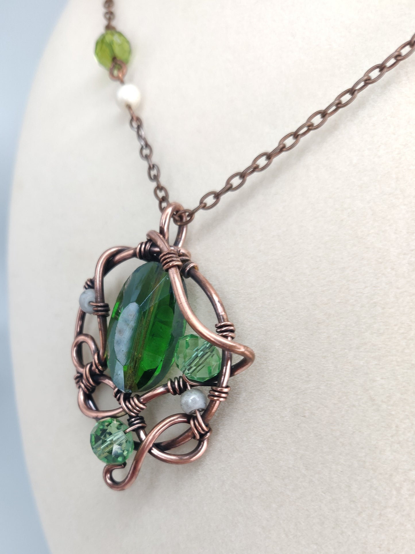 Antique Copper Pendant with Emerald Green Crystal & Malachite Beaded Necklace