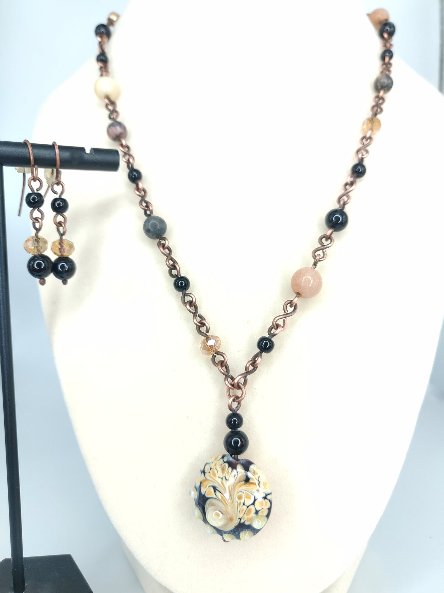 Black Tourmaline, Amazonite & Agate Handmade Copper Beaded Necklace & Earring Set