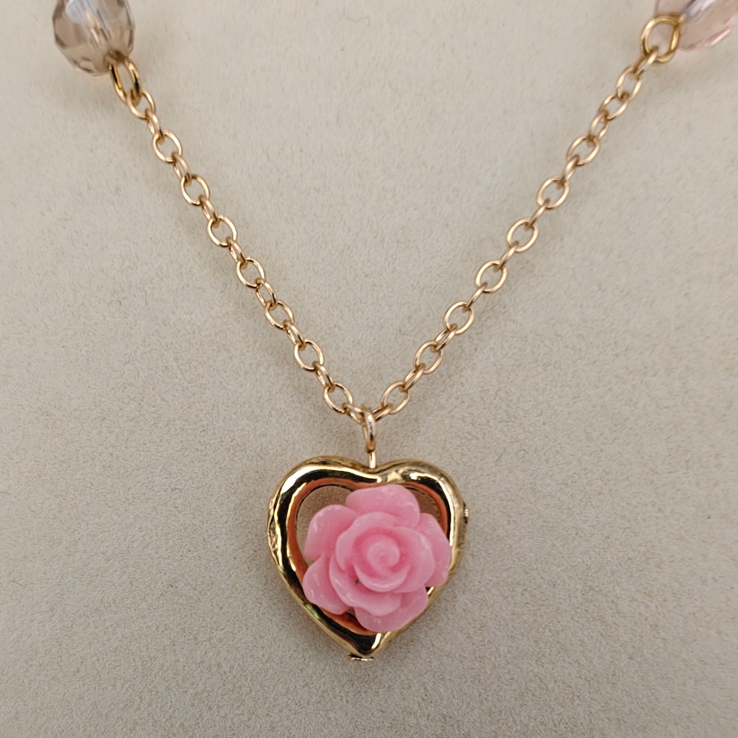 Rose Flower & Heart Gold Pendant Necklace (Multiple Colors)