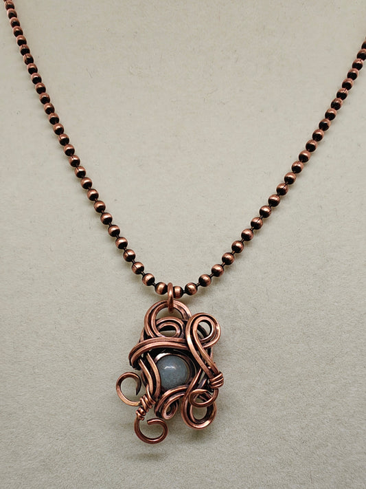 Aquamarine & Antique Copper Swirly Pendant Necklace