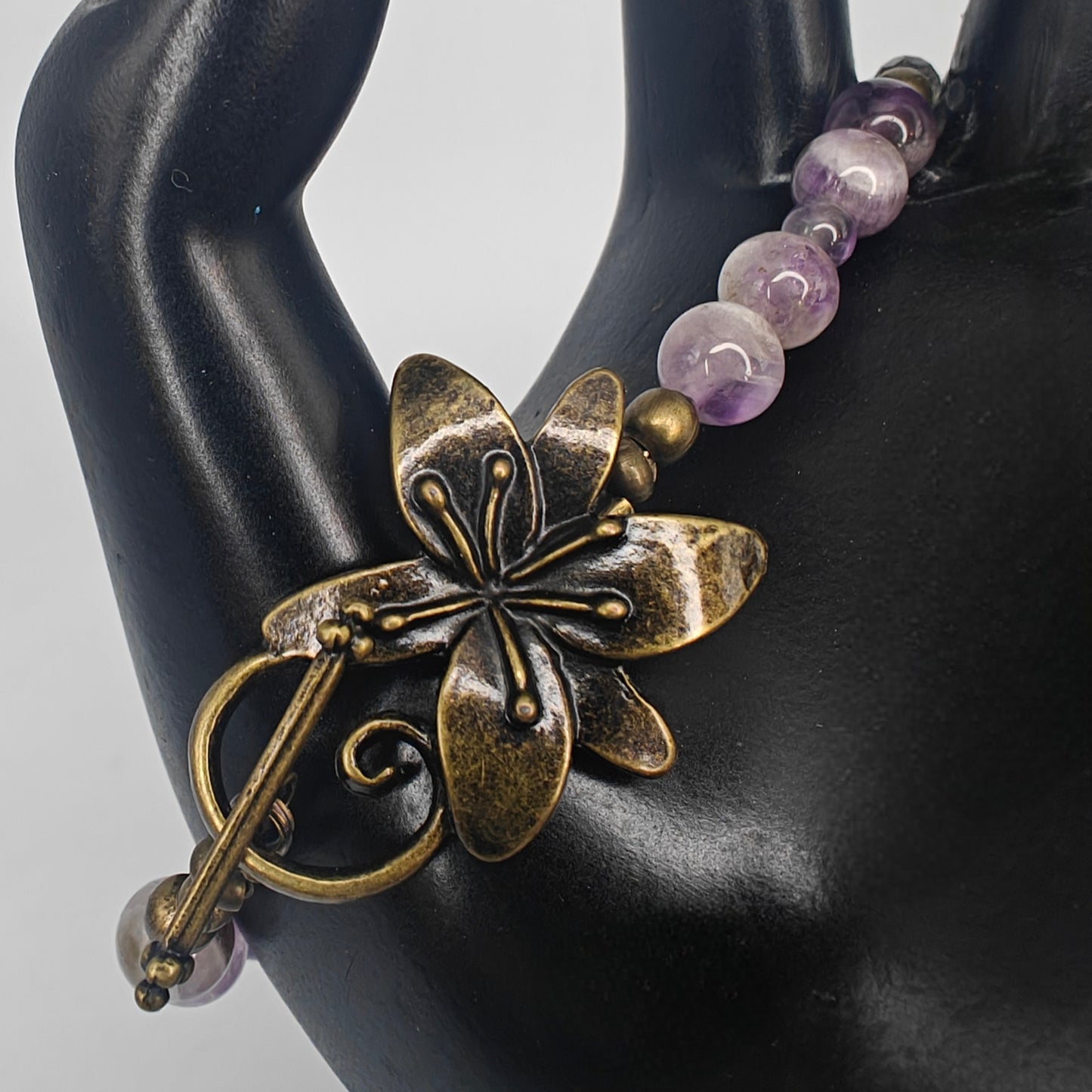 Purple Amethyst & Bronze Beaded Bracelet with Flower Clasp