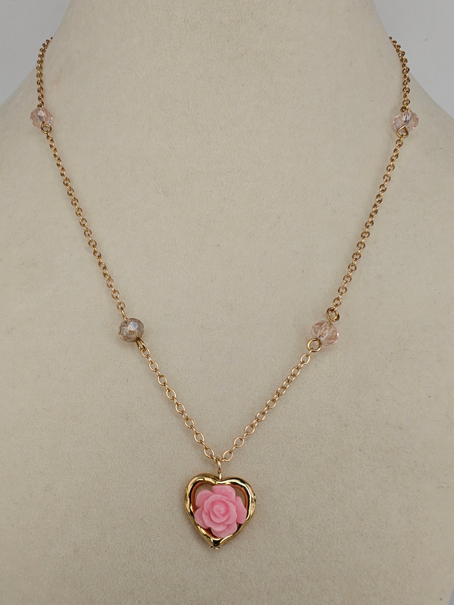 Rose Flower & Heart Gold Pendant Necklace (Multiple Colors)