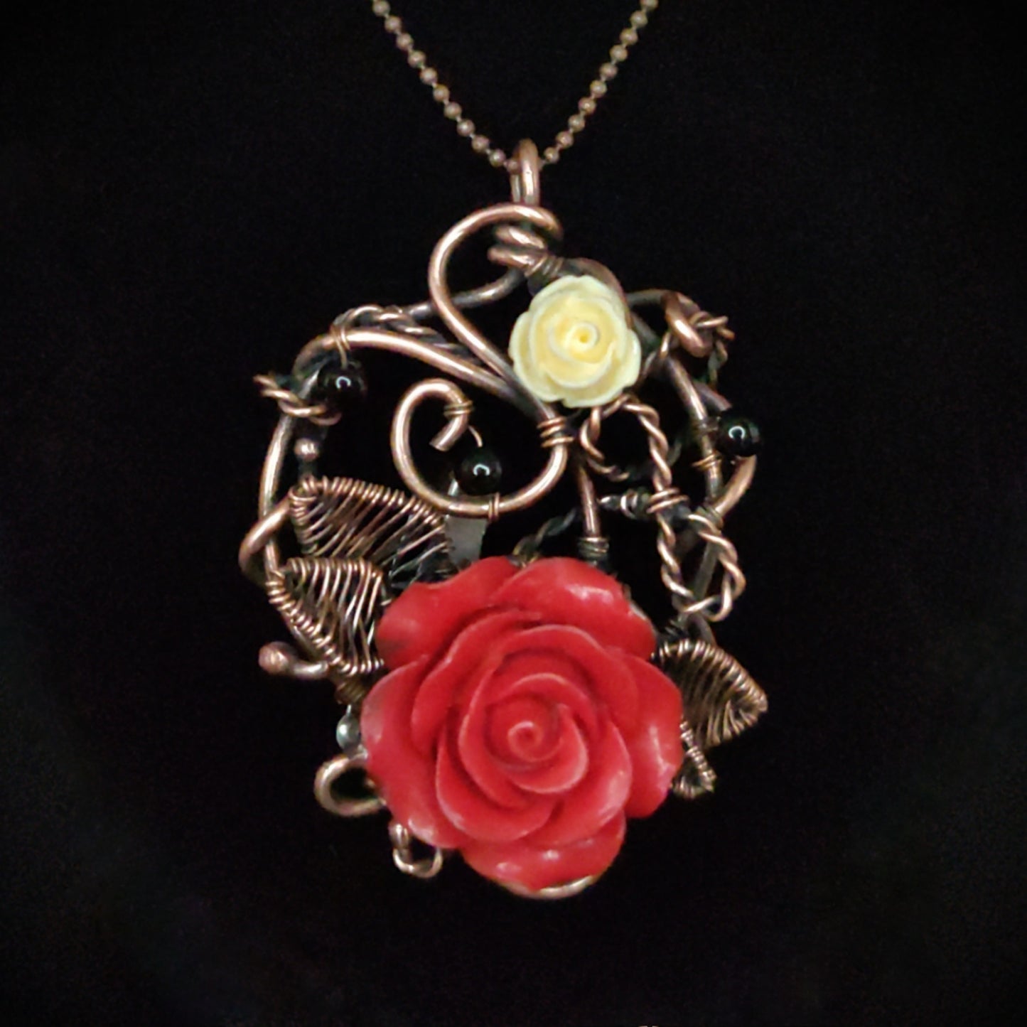 Antique Copper Red Rose Pendant/Brooch