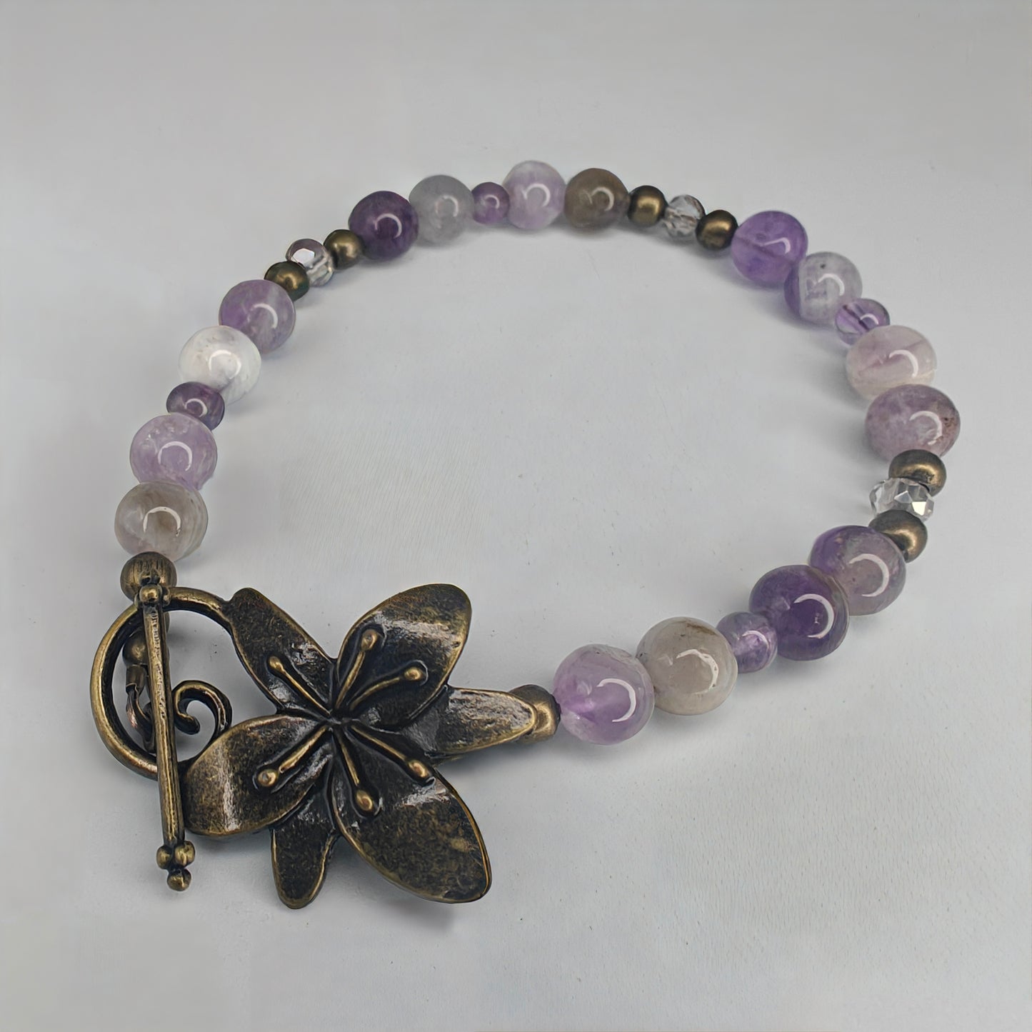 Purple Amethyst & Bronze Beaded Bracelet with Flower Clasp