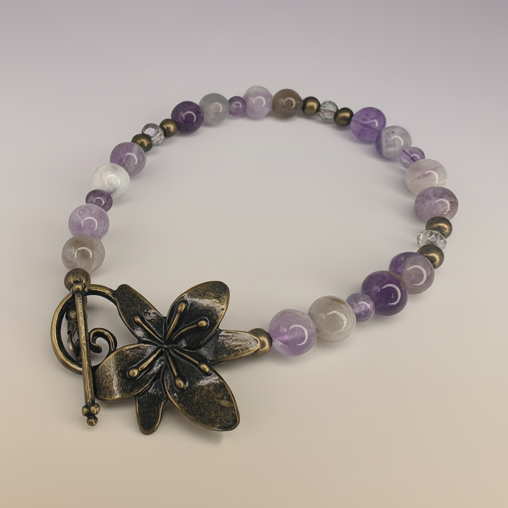 Purple Amethyst & Bronze Beaded Bracelet with Flower Clasp