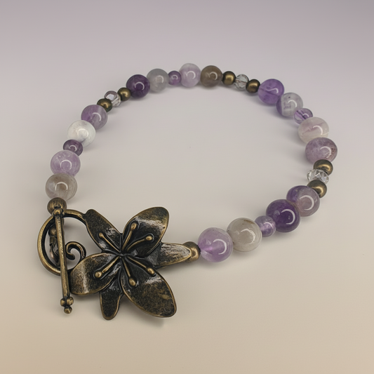Purple Amethyst & Bronze Beaded Bracelet with Flower Clasp