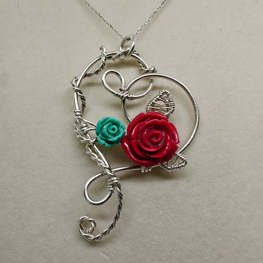 Sterling Silver Heart Pendant with Flower Bouquet
