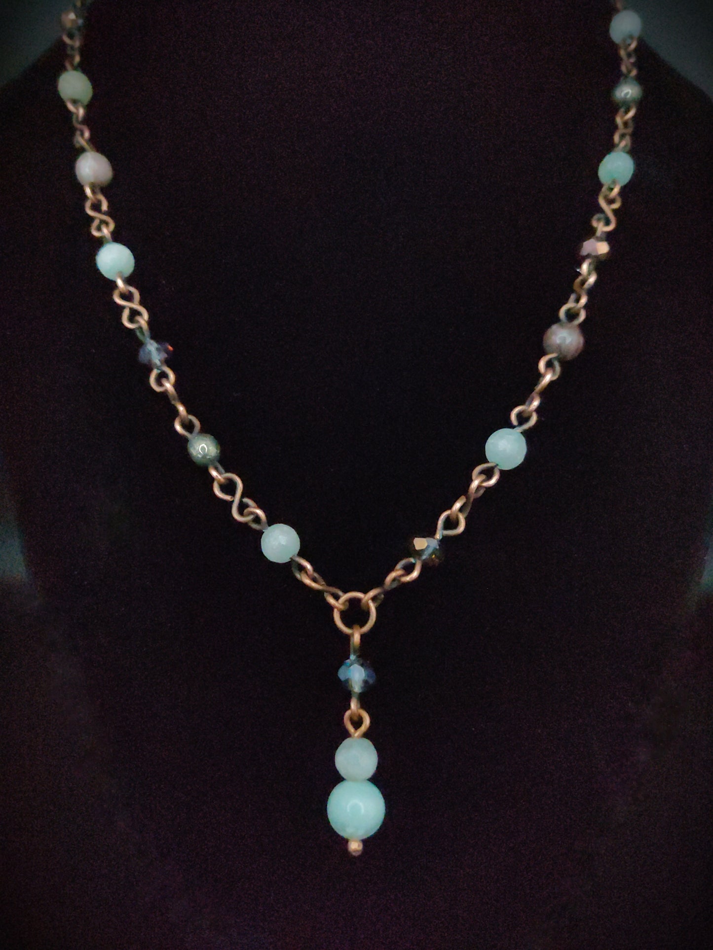 Handmade Amazonite & Pyrite Antique Copper Beaded Rosary-Style Necklace & Earring Set