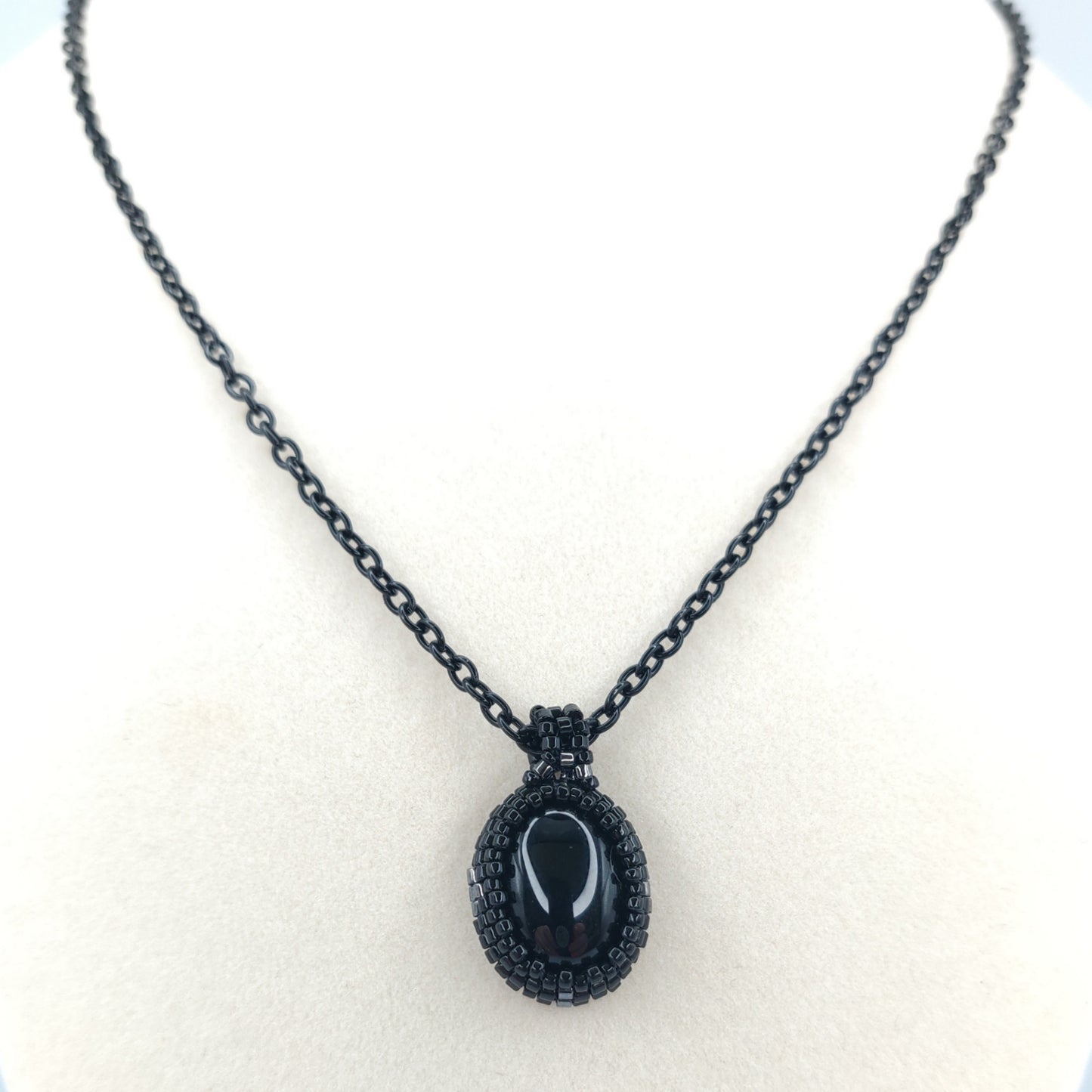 Handmade Black & Gunmetal Beaded Black Onyx Pendant Necklace