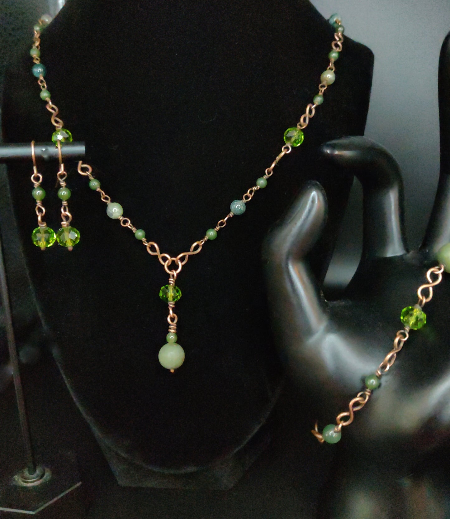 Handmade Jade & Antique Copper Rosary-Style Jewelry Set