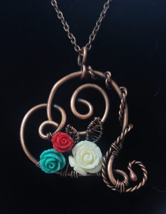 Copper Floral Heart Pendant Necklace