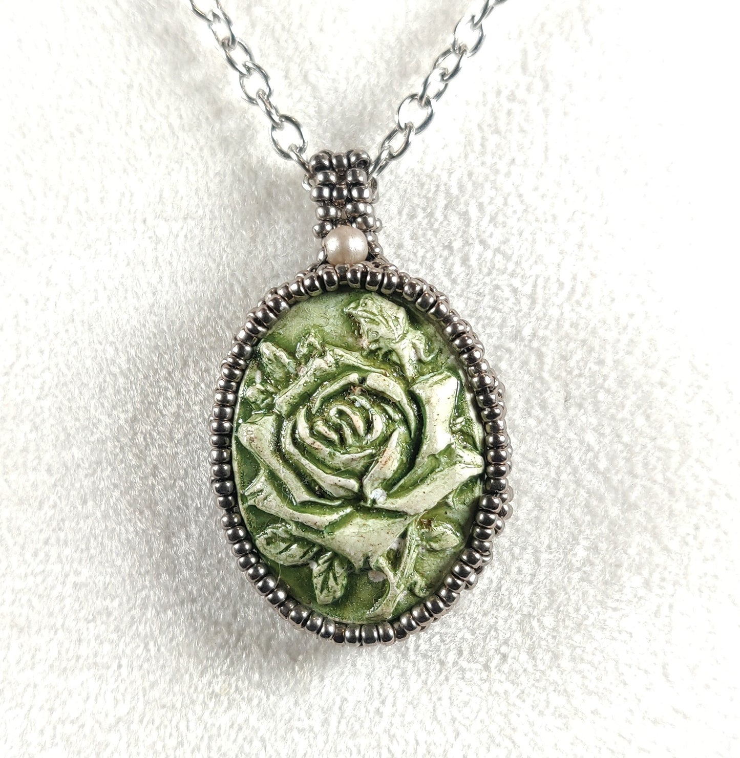Handmade Beaded Olive Green Rose Cameo & Jade Necklace