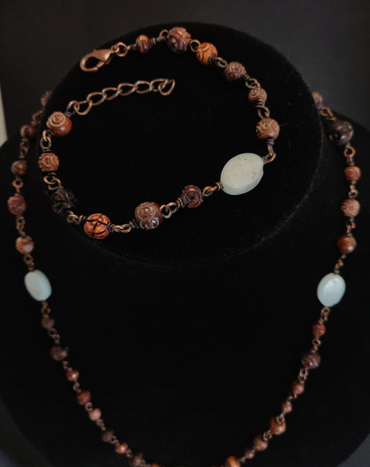Amazonite & Hand-carved beaded Necklace & Bracelet