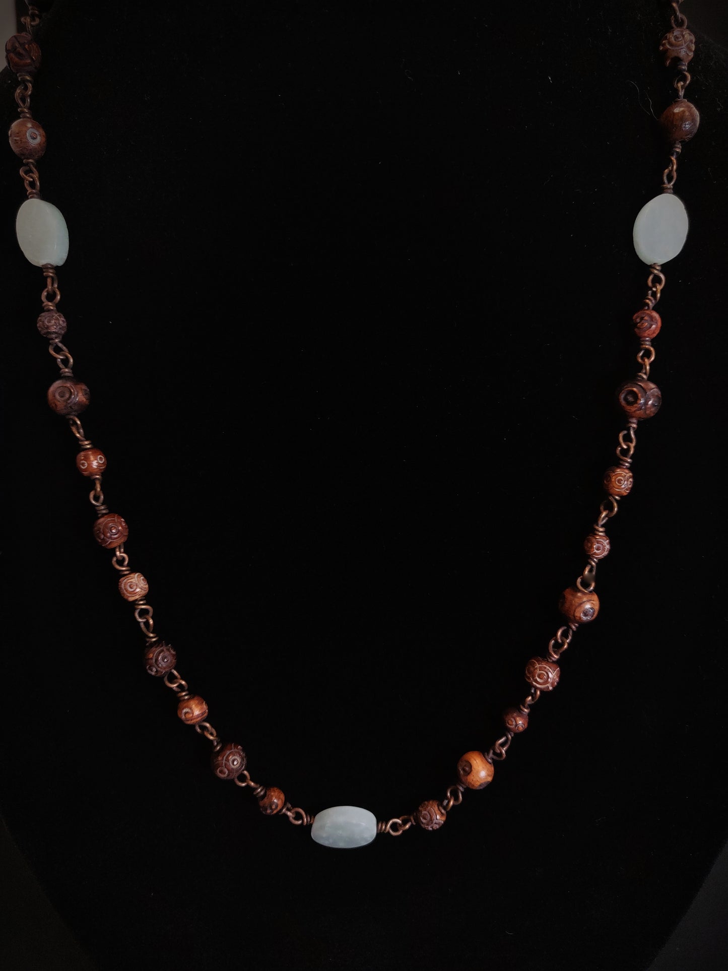 Amazonite & Hand-carved Wooden Bead Copper Necklace & Bracelet Set