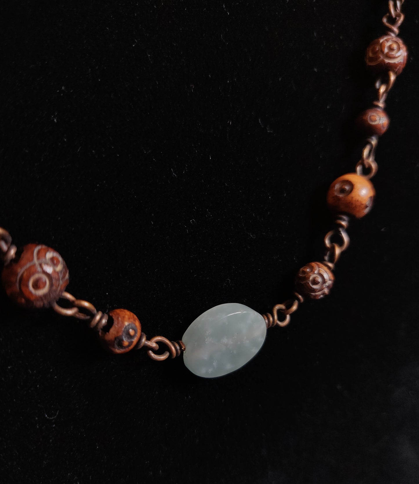 Amazonite & Hand-carved Wooden Bead Copper Necklace & Bracelet Set