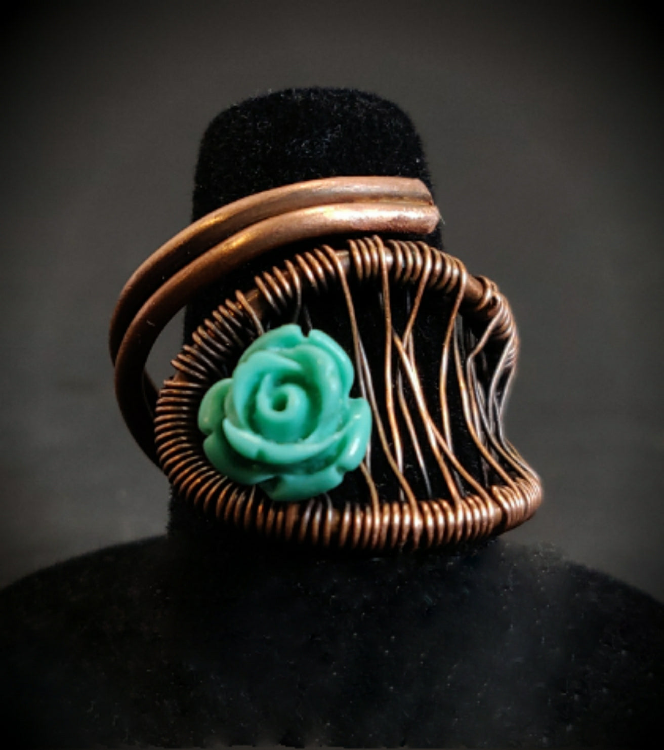 Aqua Blue Flower Copper Wrap Ring