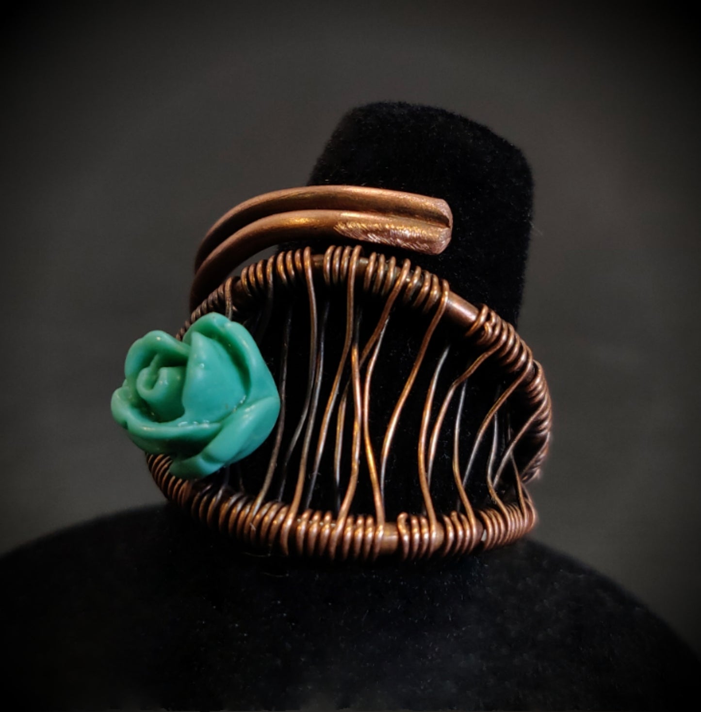 Aqua Blue Flower Copper Wrap Ring