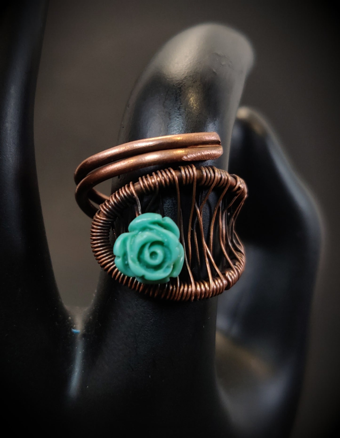 Aqua Blue Flower Copper Wrap Ring